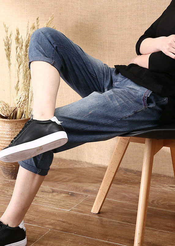 Blue Elastic Waist Pockets Cotton Denim Crop Pants Summer