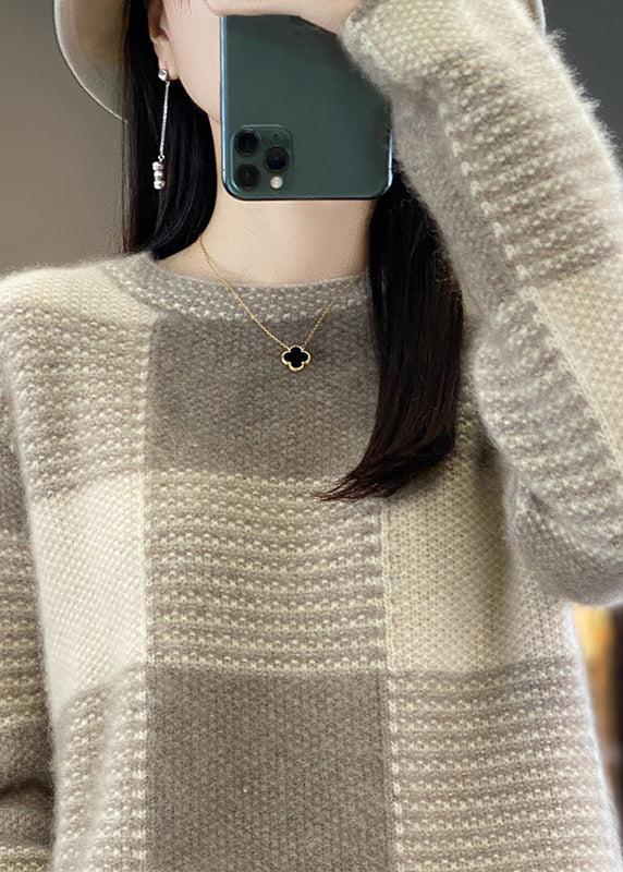 Boutique Camel O-neck Plaid Patchwork Cashmere Knit Sweater Tops Spring