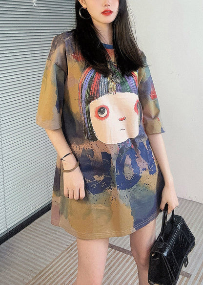 Khaki O Neck Print Cotton T Shirt Half Sleeve