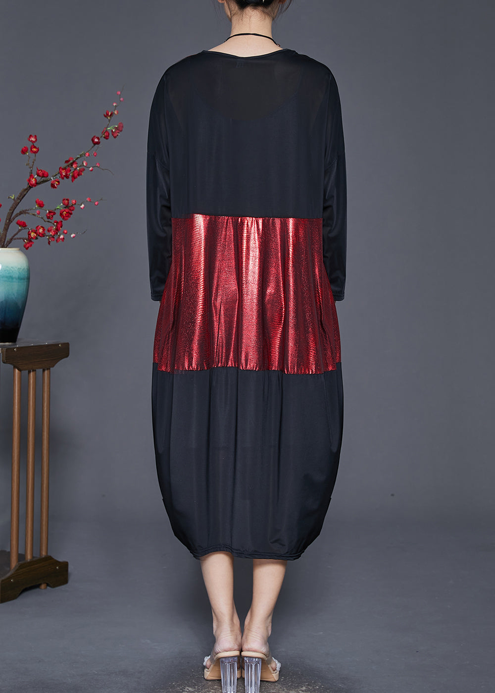 Black Oversized Patchwork Silk Holiday Dress Spring