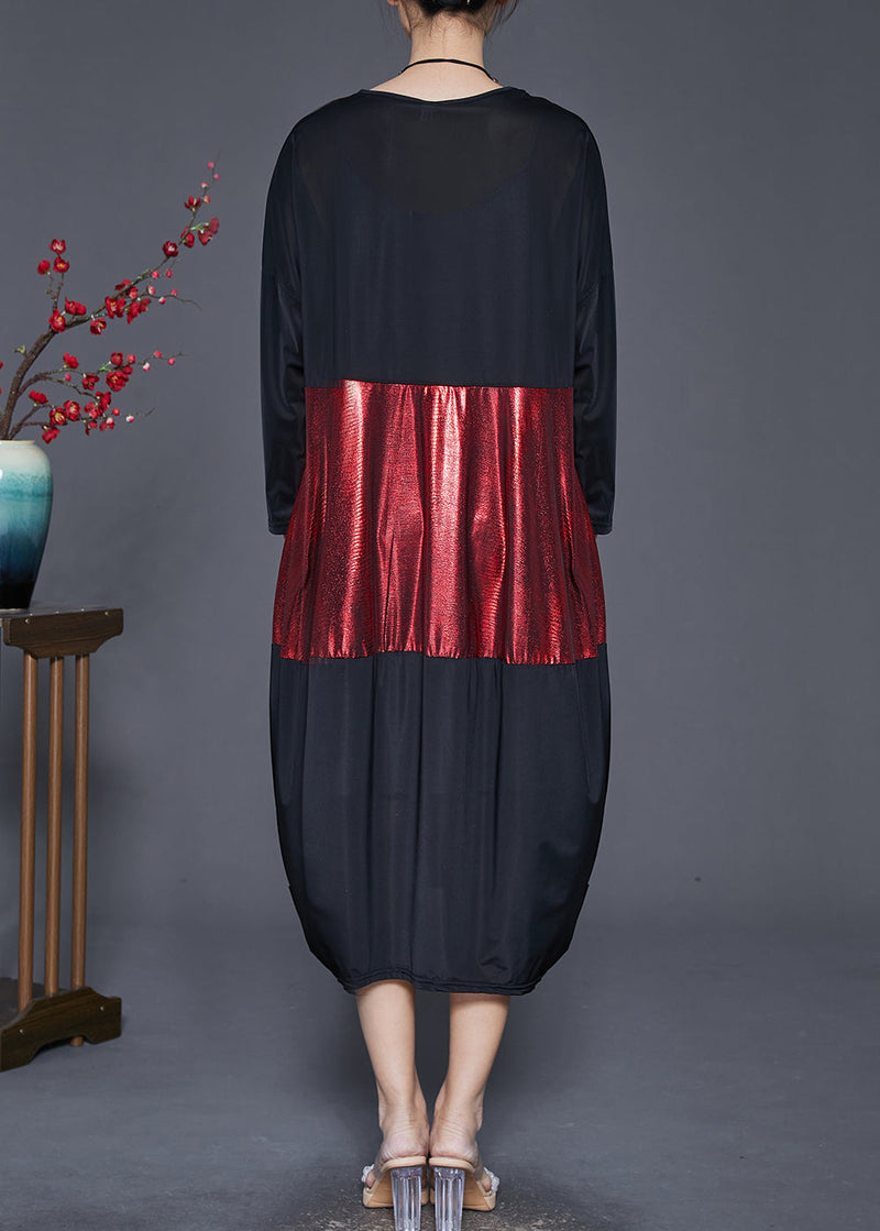 Black Oversized Patchwork Silk Holiday Dress Spring