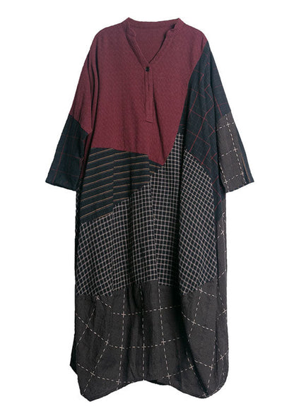 Plaid Stripe Patchwork V-neck Half Button Front Maxi Dresses
