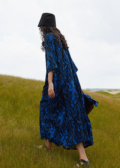 Blue V Neck Print Cotton Robe Dresses Summer
