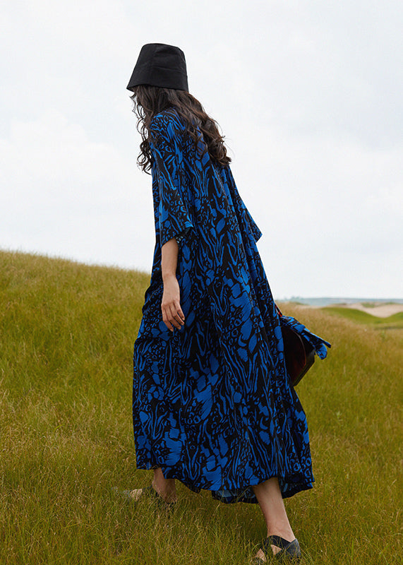 Blue V Neck Print Cotton Robe Dresses Summer
