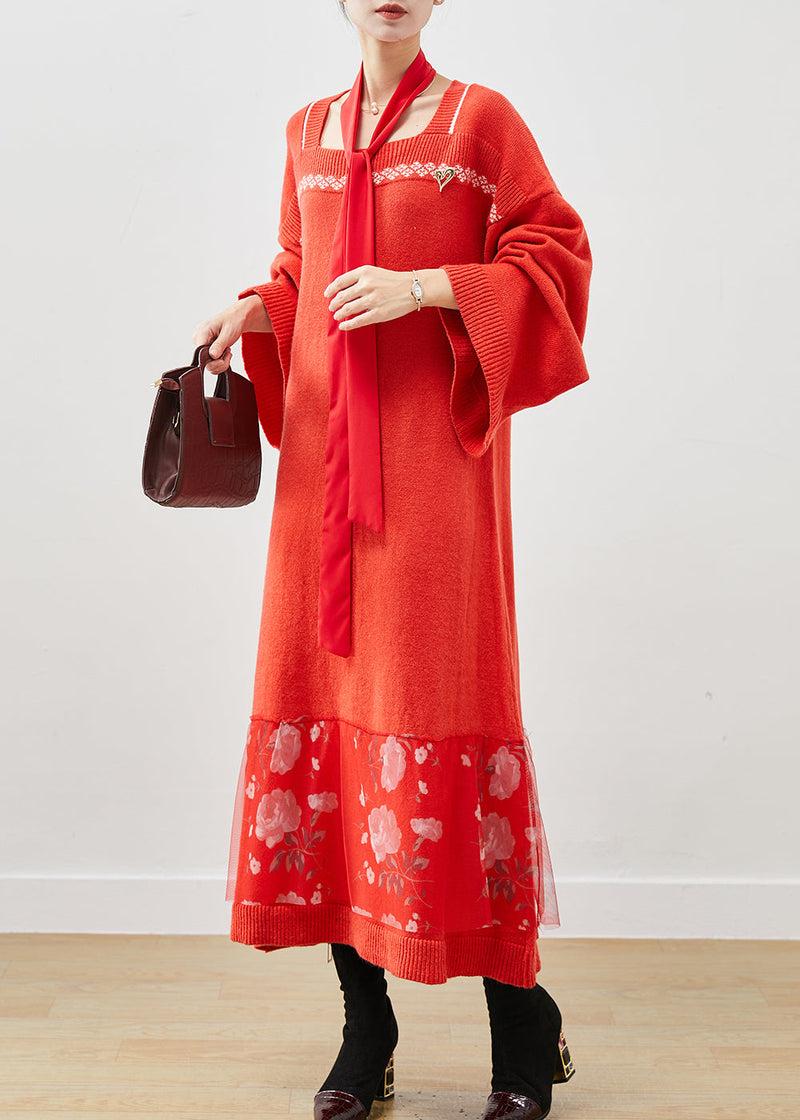 Brick Red Square Collar Patchwork Knitwear Dress Spring
