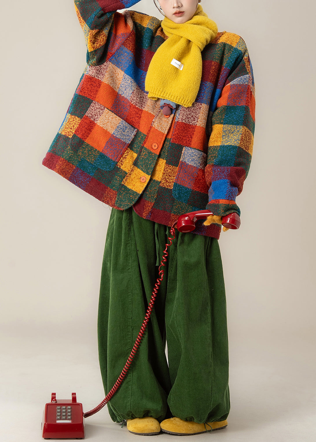 Plaid Pockets Woolen Coat and Green Pants Two Pieces Set Winter