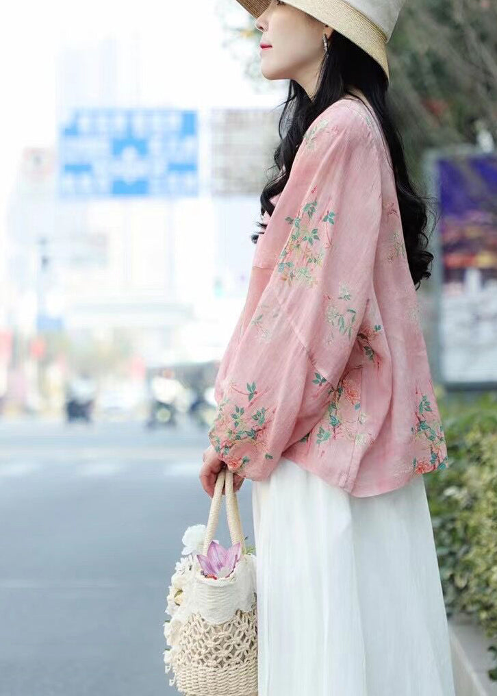 Pink Print Linen Blouse Tops Lantern Sleeve