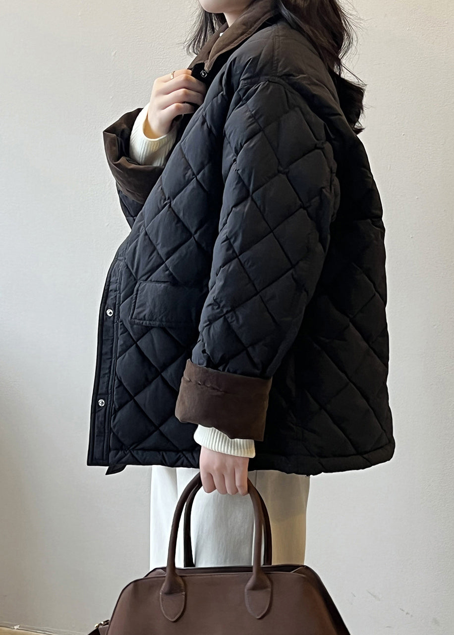 Black Pockets Corduroy Duck Down Puffer Coat Peter Pan Collar Winter