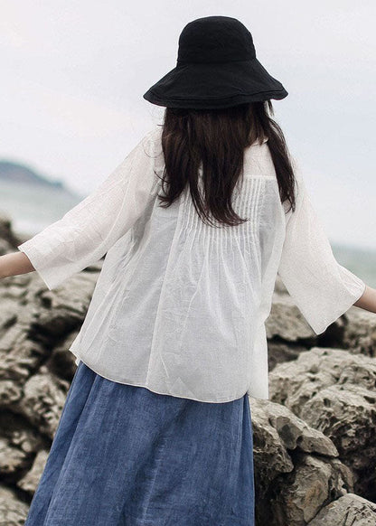 Art White Ruffled Cotton Shirt Tops Three Quarter Sleeve