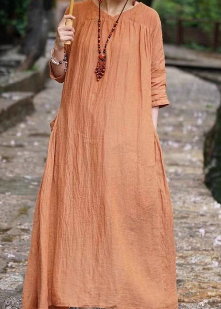 Orange V Neck Pockets Linen Long Dresses Bracelet Sleeve