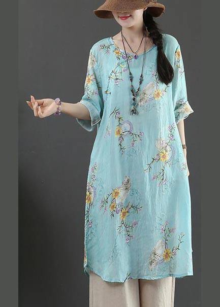 Boutique Blue Print Half Sleeve Long Linen Summer Tops