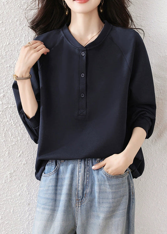 Simple Navy Button Cotton Sweatshirts Fall