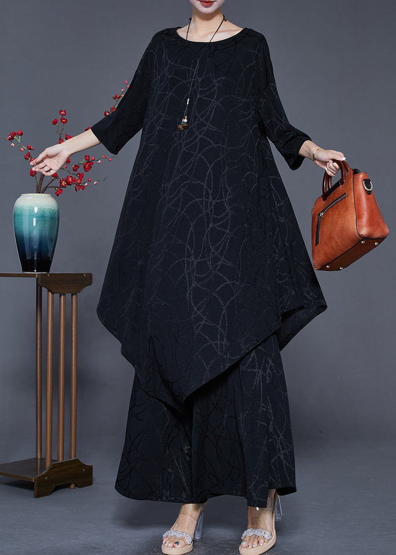 Black Striped Silk Sets 2 Pieces Asymmetrical Summer