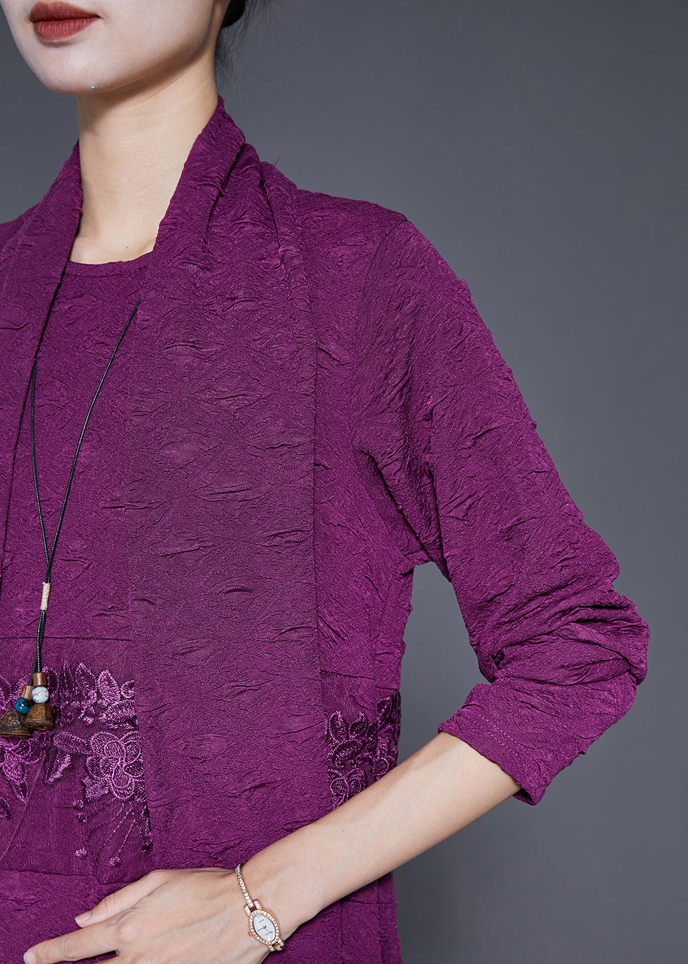 Purple Embroideried Patchwork Scarf Long Dress Fall