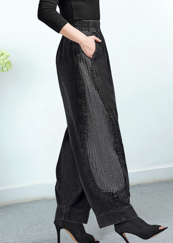 Black Elastic Waist Pockets Patchwork Cotton Pants Trousers Fall