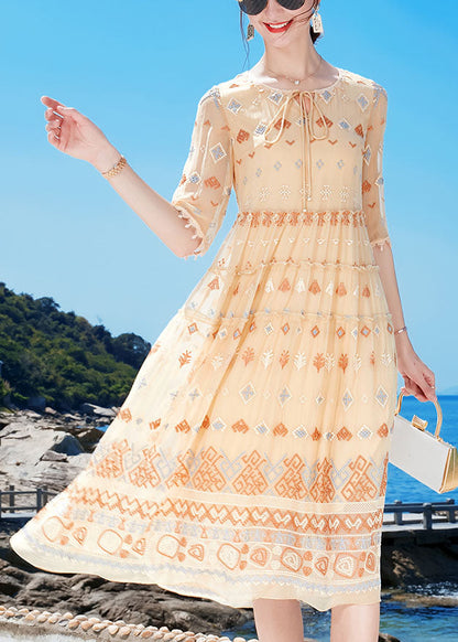 Apricot O-neck Ruffled Print Tassel Silk Holiday Dress Half Sleeve