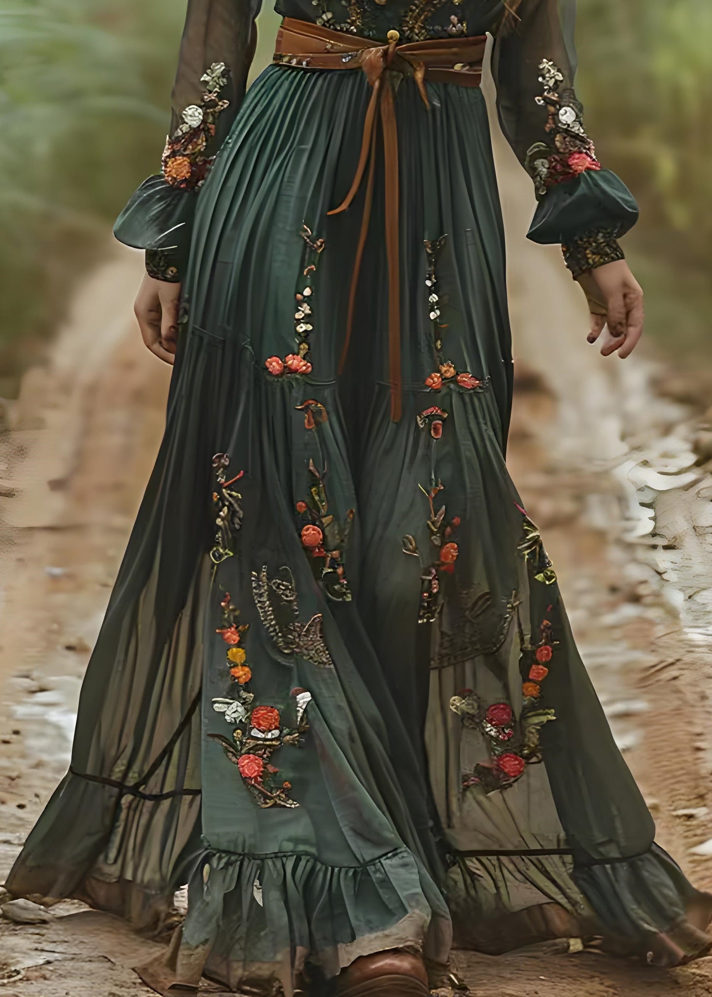 Green Peter Pan Collar Print Wrinkled Chiffon Long Dresses Spring