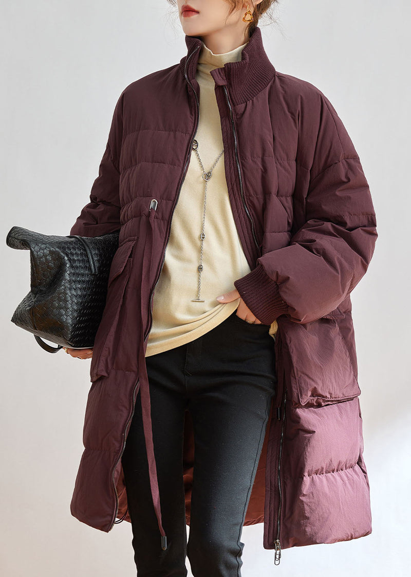 Purple Stand Collar Zippered Duck Down Down Coat Winter