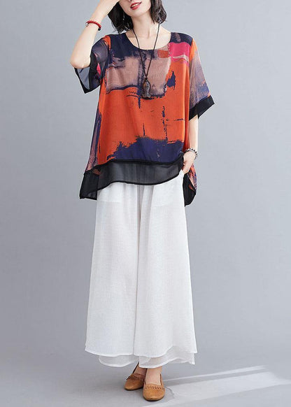 Orange Print Chiffon Half Sleeve Summer Two Piece Outfit