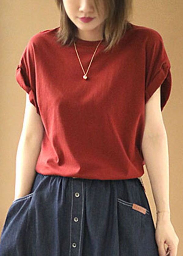 Style Red O-neck Color Cotton Loose Tank Tops Short Sleeve