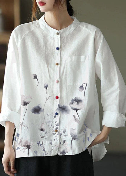 Modern White-purple Flower Loose Patchwork Pockets Spring Long Sleeve Blouse Top