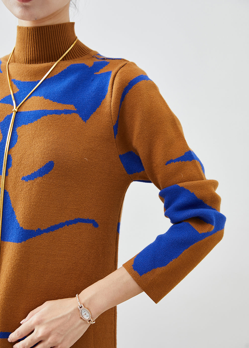 Camel High Neck Print Knit Dress Fall