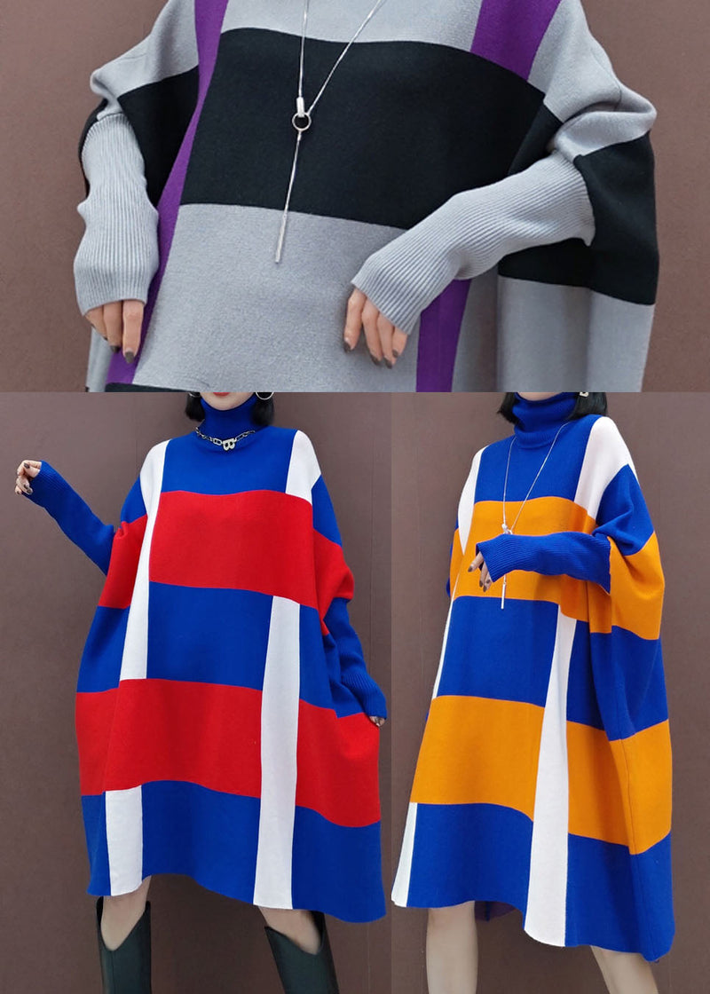 Blue Orange Knit Dresses Batwing Sleeve Spring