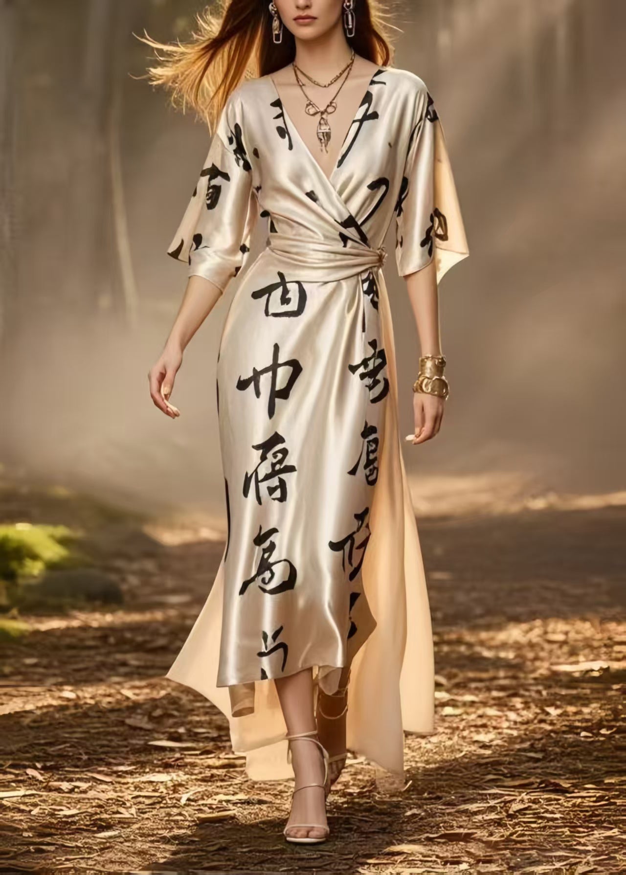 Champagne Print Draping Silk Cinched Dress Summer