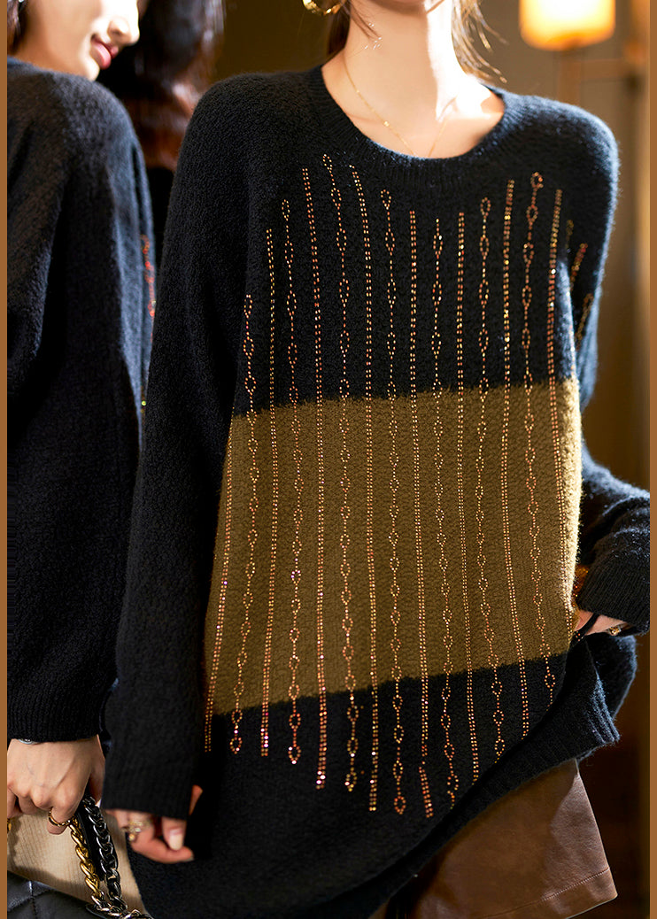 Green Zircon Patchwork Cotton Knit Sweaters Long Sleeve