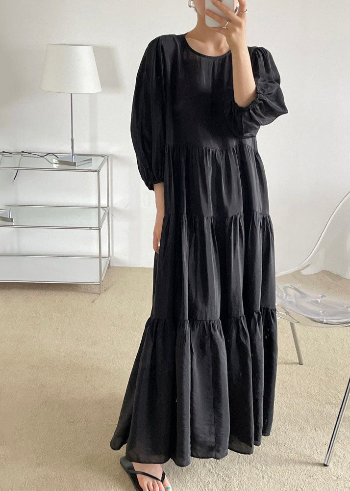 Black O-neck Patchwork Backless Cotton Maxi Dress Bracelet Sleeve