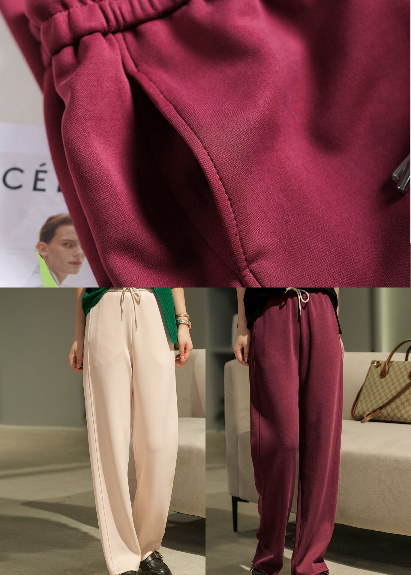 Beige Fine Cotton Wide Leg Pants Elastic Waist Fall