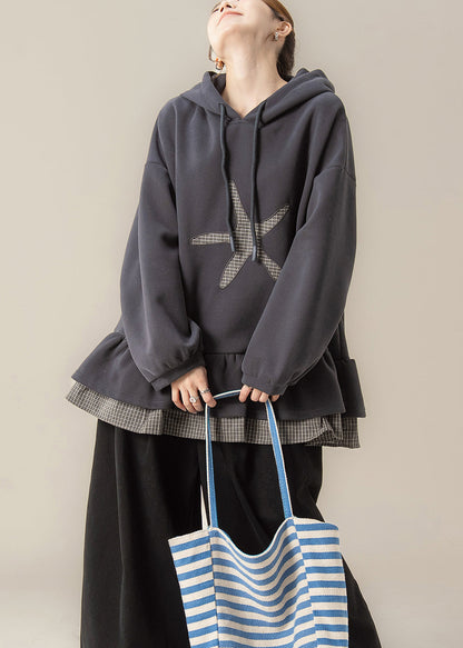 Dark Grey False Two Pieces Patchwork Hooded Cotton Sweatshirts Spring