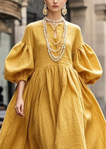Yellow Exra Large Hem Cotton Maxi Dresses Lantern Sleeve Summer