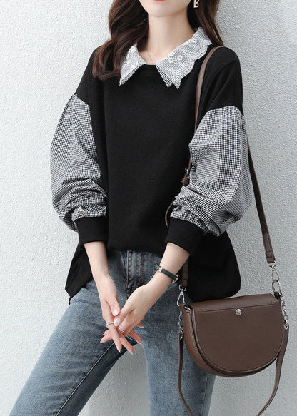 Black Peter Pan Collar Patchwork False Two Pieces Cotton Sweatshirt Fall