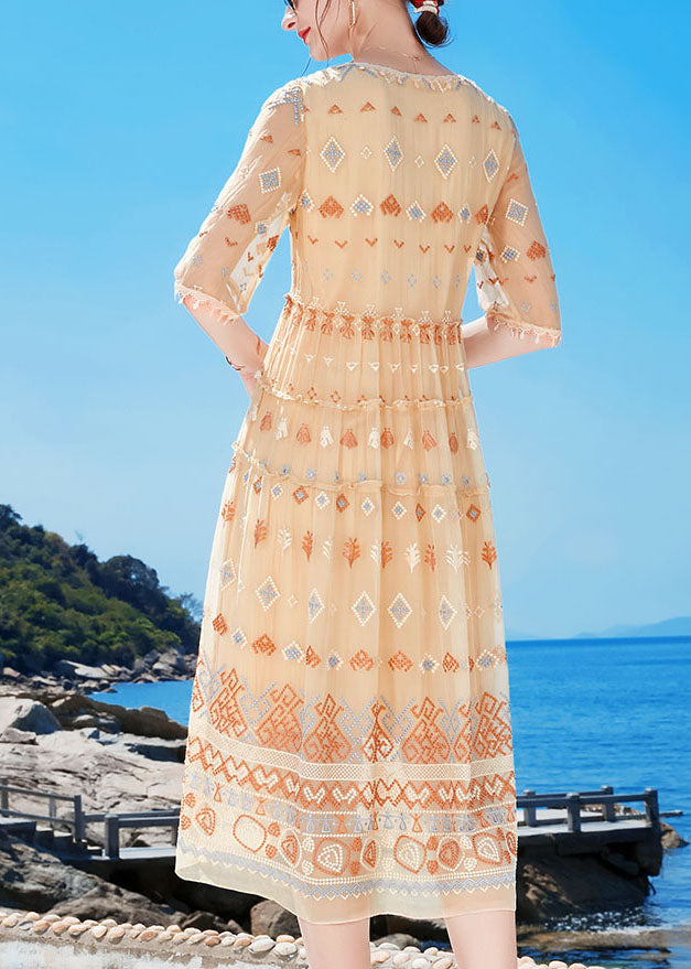 Apricot O-neck Ruffled Print Tassel Silk Holiday Dress Half Sleeve