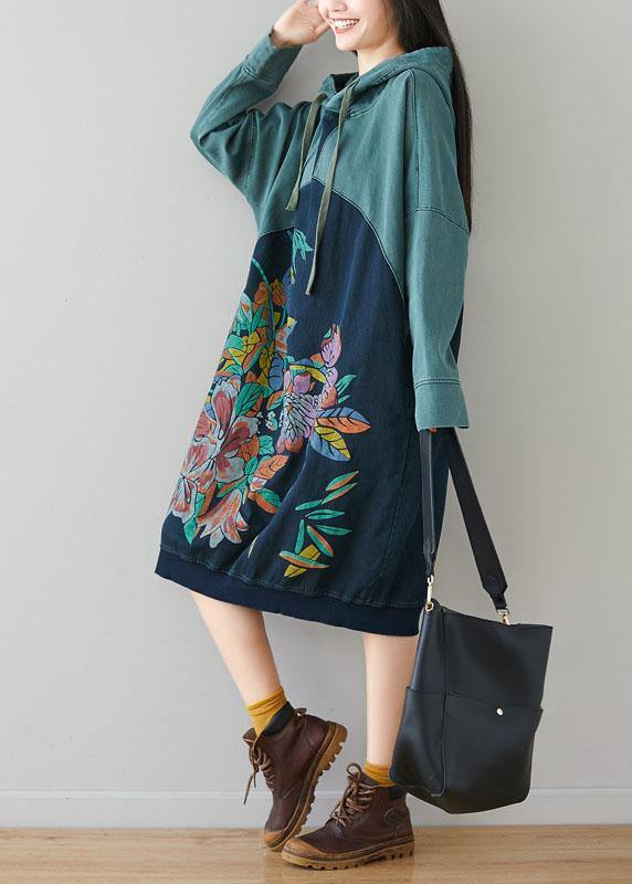 Blue Hooded Pockets Drawstring Print Fall Sweatshirts Dress
