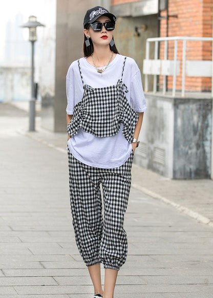 French Black White Plaid O-neck Print Fall Two Piece Set Half Sleeve