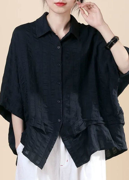 Black Peterpan Collar Button Bat Wing Sleeve Fall Shirt Top