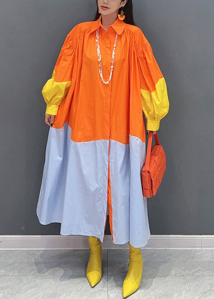 Orange Button Patchwork Cotton Blouses Dresses Long Sleeve