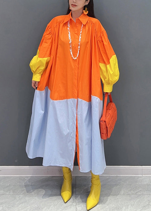 Orange Button Patchwork Cotton Blouses Dresses Long Sleeve