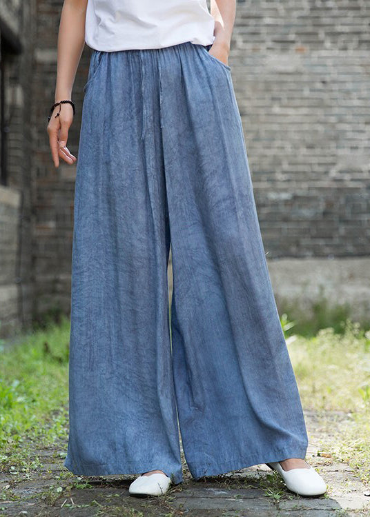 Denim Blue Elastic Waist Pockets Cotton Straight Pants Fall