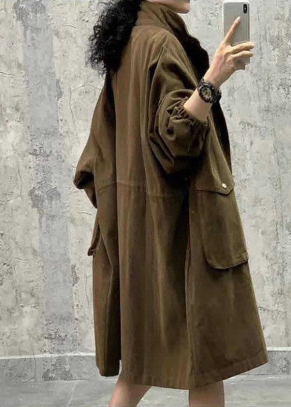 Army Green Stand Collar Zippered Pockets Fall Long Sleeve Trench Coat