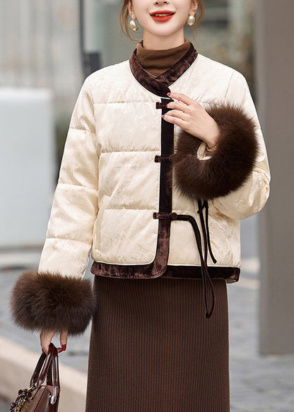 Milk White Patchwork Duck Down Jacket in Winter Tasseled Winter