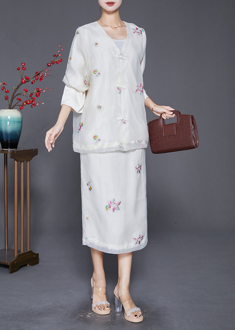 White Embroideried Chinese Button Silk Two-piece Set Fall