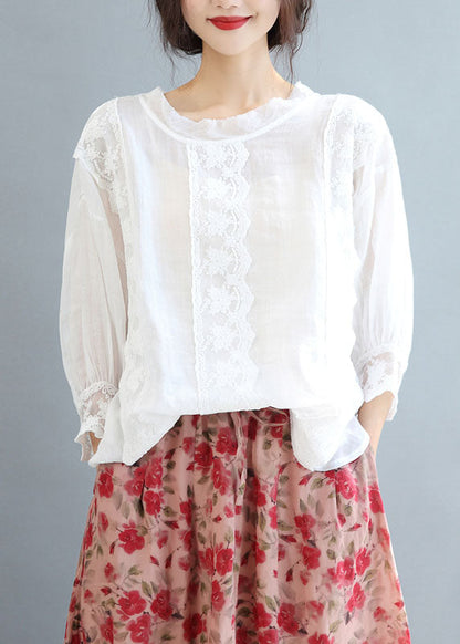 White O-neck Oversized Linen Blouse Tops Bracelet Sleeve
