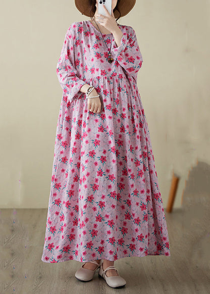 Fine Pink O-neck Print Patchwork Long Dress Spring
