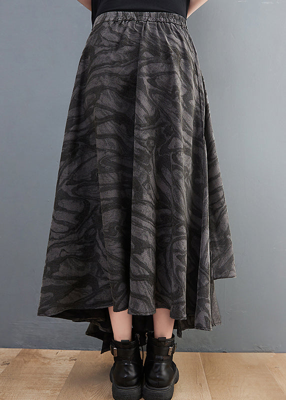 Handmade Black Elastic Waist Tie Waist Asymmetrical Print Skirt Spring