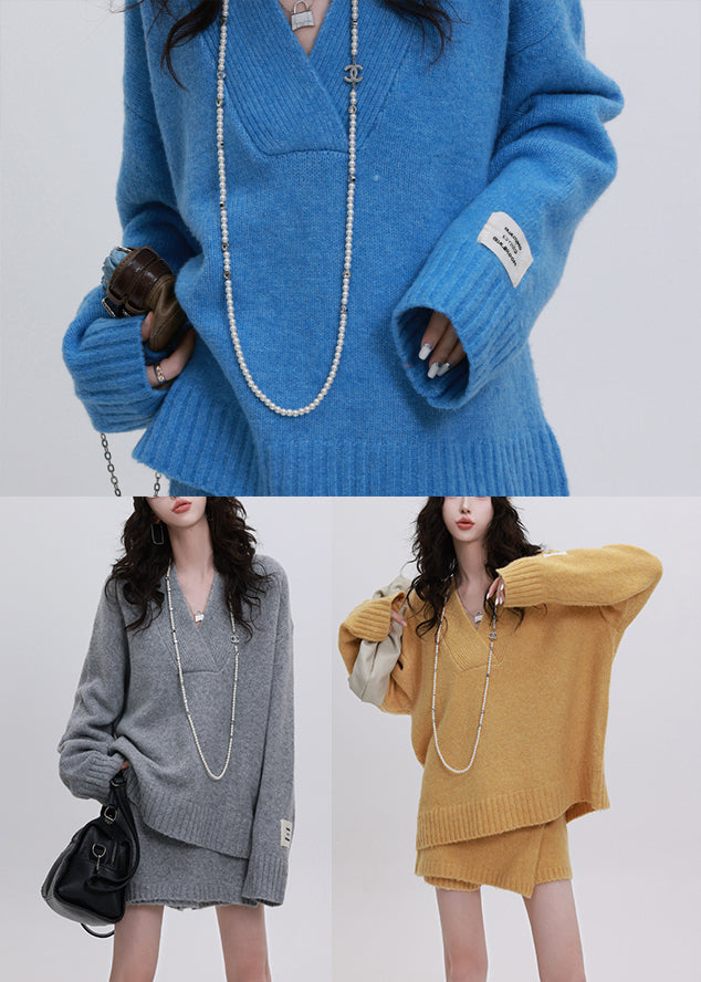 Yellow Cozy Knit Two Piece Set Clothing Asymmetrical Design Winter