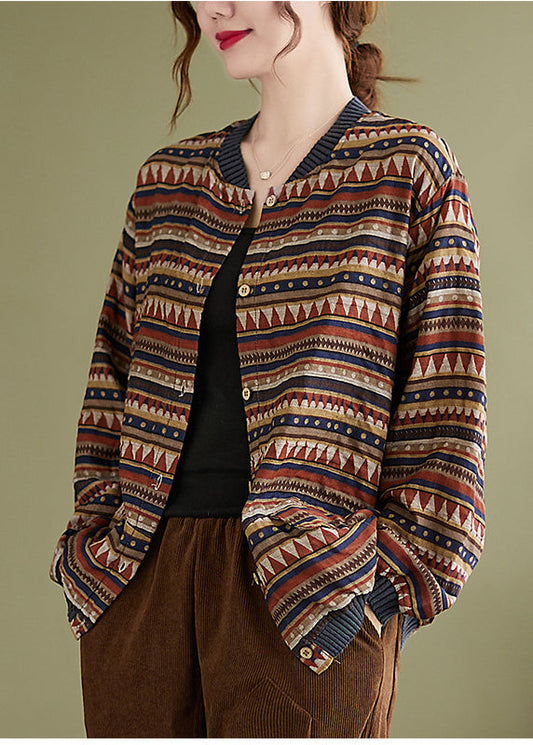 Chocolate Stand Collar Pockets Print Coat Long Sleeve