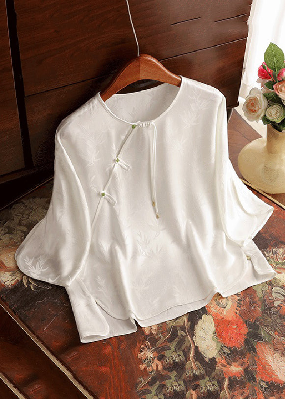 New Light Green O-neck Button Silk Blouses Bracelet Sleeve